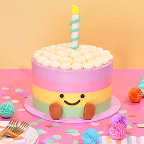 Jellycat Rainbow Birthday Cake with pastel layers, smiling face, and a candle on top by Crumbs & Doilies.